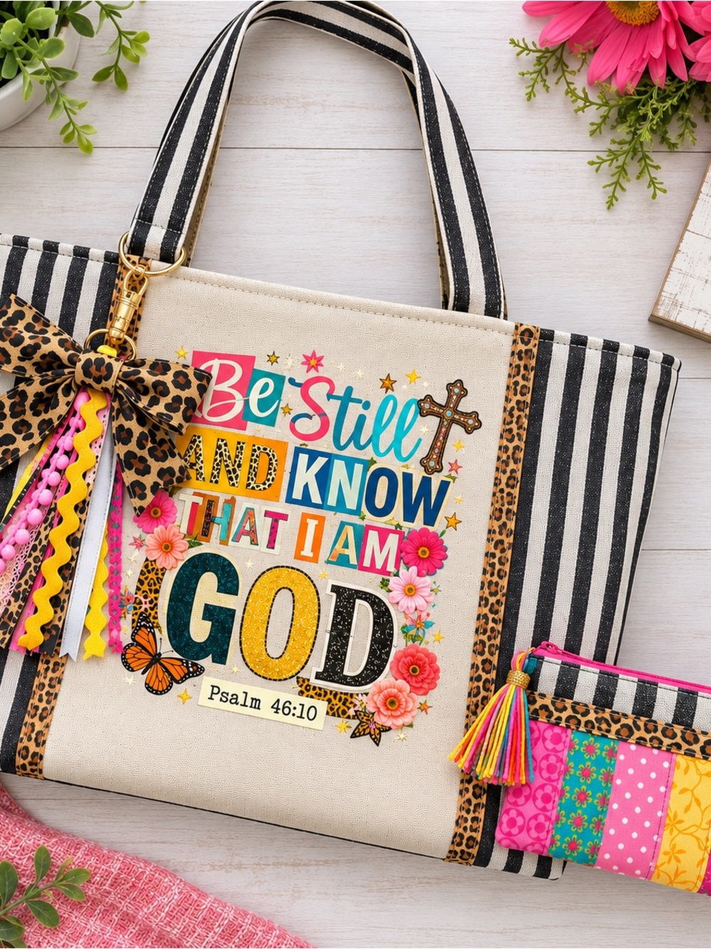 NEW Handmade Tote Bag Psalm 46:10 Faith Bible Study w/ Matching Pouch